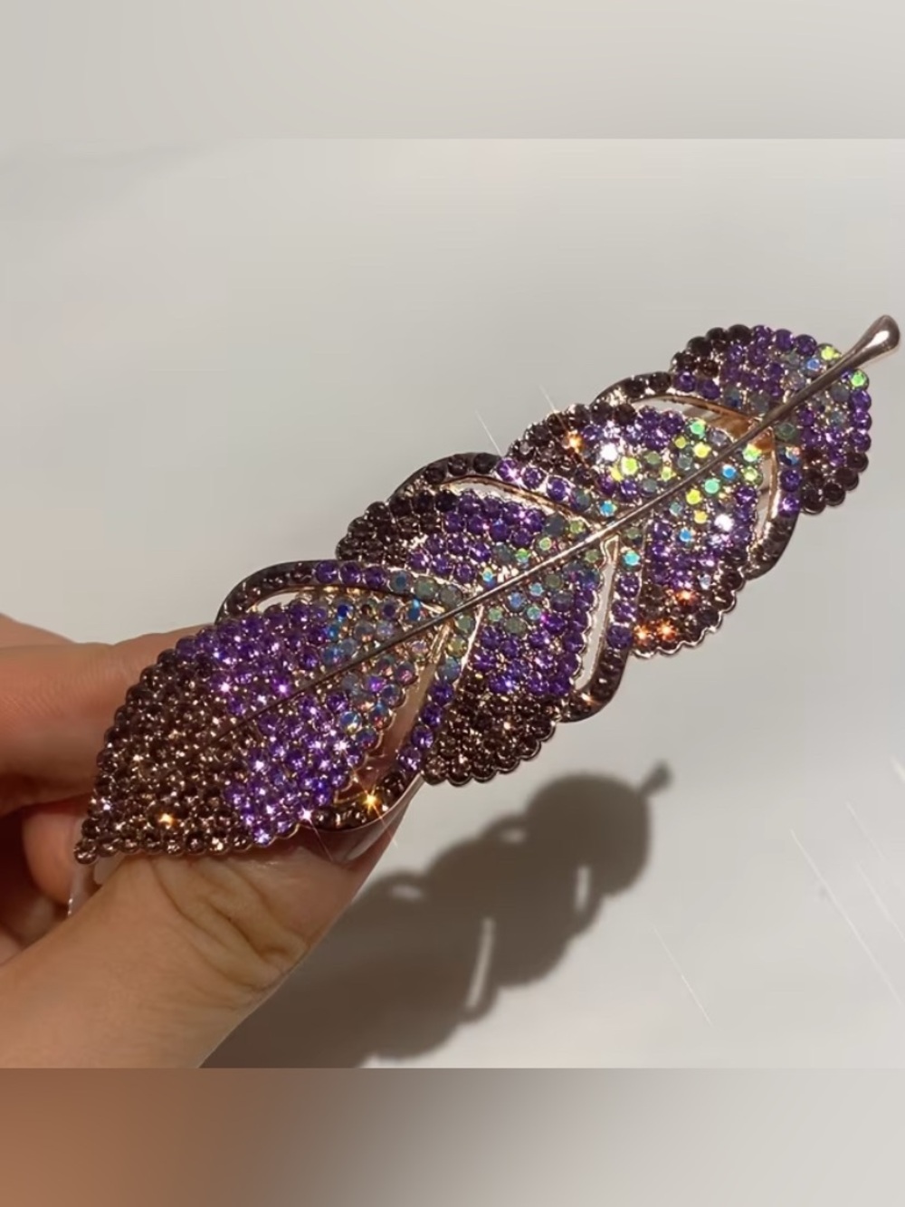 Rhinestone Feather Hair Barrette in Purple